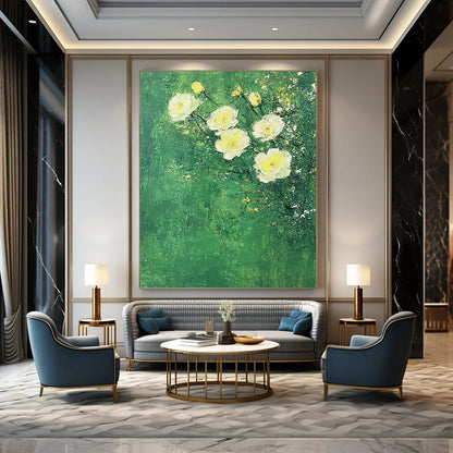 Contemporary abstract art featuring white roses on a textured green background with soft colors and minimalist Impressionist influences. DLZ1752
