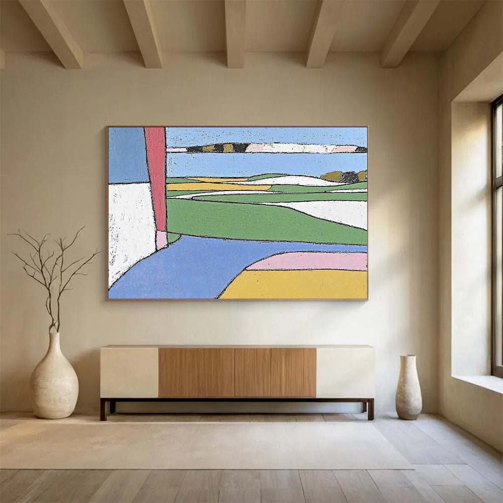 “Color - Blocked Landscape” - Green, Blue, Yellow, Abstract Fields - Primitive Acrylic Painting HB1504