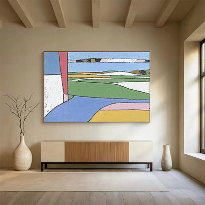 “Color - Blocked Landscape” - Green, Blue, Yellow, Abstract Fields - Primitive Acrylic Painting HB1504