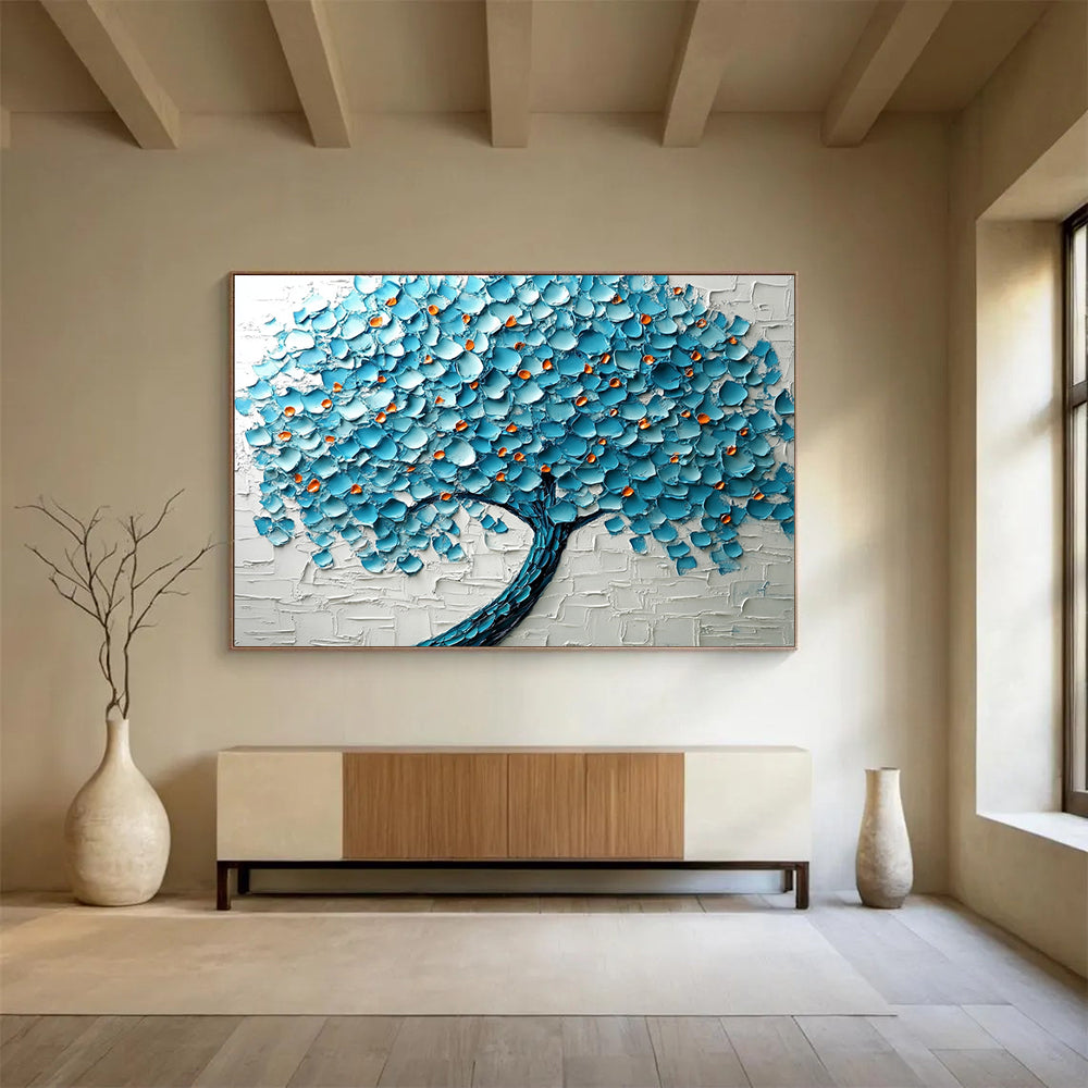 Blue, Orange and White Textured Tree "Vibrant Canopy" Painting On Canvas HB0424