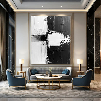 Contemporary abstract painting features dynamic black and white textures with expressive brush strokes and vibrant paint splashes on canvas. DLZ0309