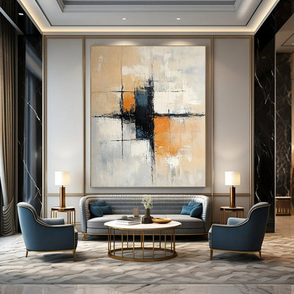 Large contemporary hand-painted abstract art featuring soft neutral tones with orange accents and black elements, incorporating architectural shapes and loose brush strokes. DLZ1058