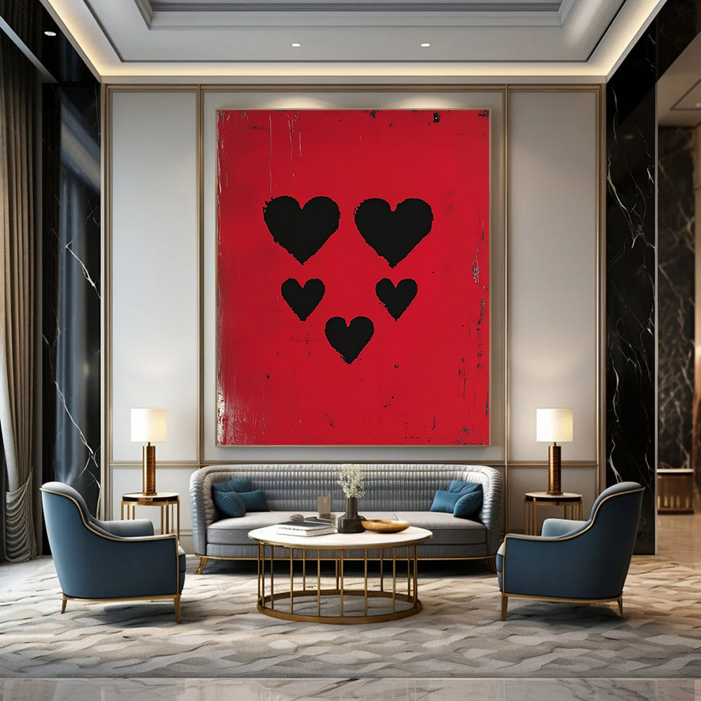 Contemporary abstract artwork featuring three black hearts against a vibrant red background, inspired by pop art and modern portraiture. DLZ1712