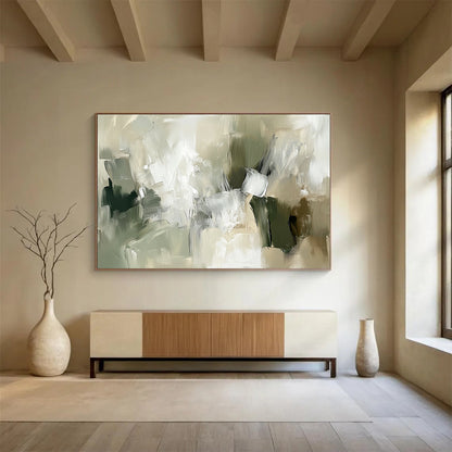 “Green and Beige Abstract Composition” - Green, beige, gray, white; Abstract composition with soft brushstrokes; Acrylic Painting On Canvas HB1265