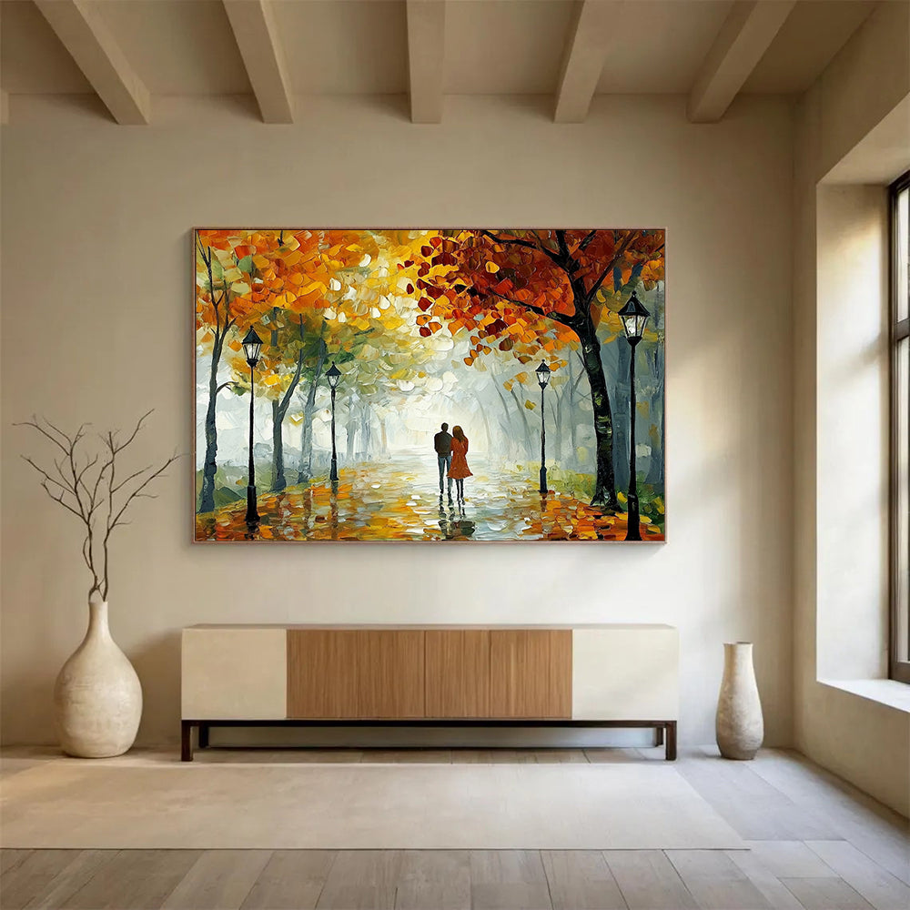 “Autumn Stroll” - Orange, Yellow, Green, Couple Walking Under Trees - Impasto Oil Painting HB1704