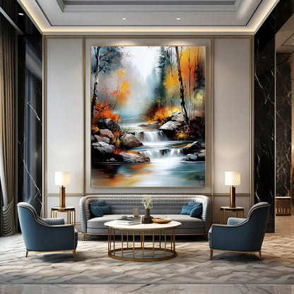 Contemporary abstract landscape featuring a tranquil river amid an autumn forest with misty hues and vibrant light effects in a digital watercolor style. DLZ1128