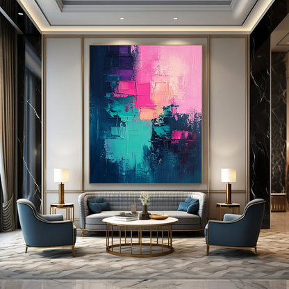 Contemporary large hand-painted abstract artwork featuring a vibrant color palette of pink teal and magenta for a striking visual impact. DLZ0703