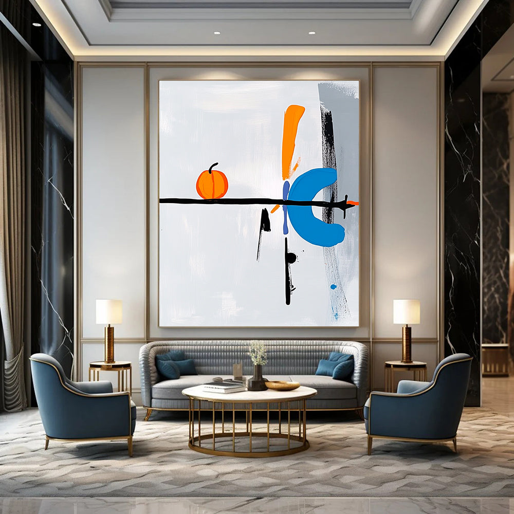 Contemporary abstract art featuring a right-pointing arrow in blue black white and orange with Oostutto text and a whimsical pumpkin element on a light grey background DLZ1336