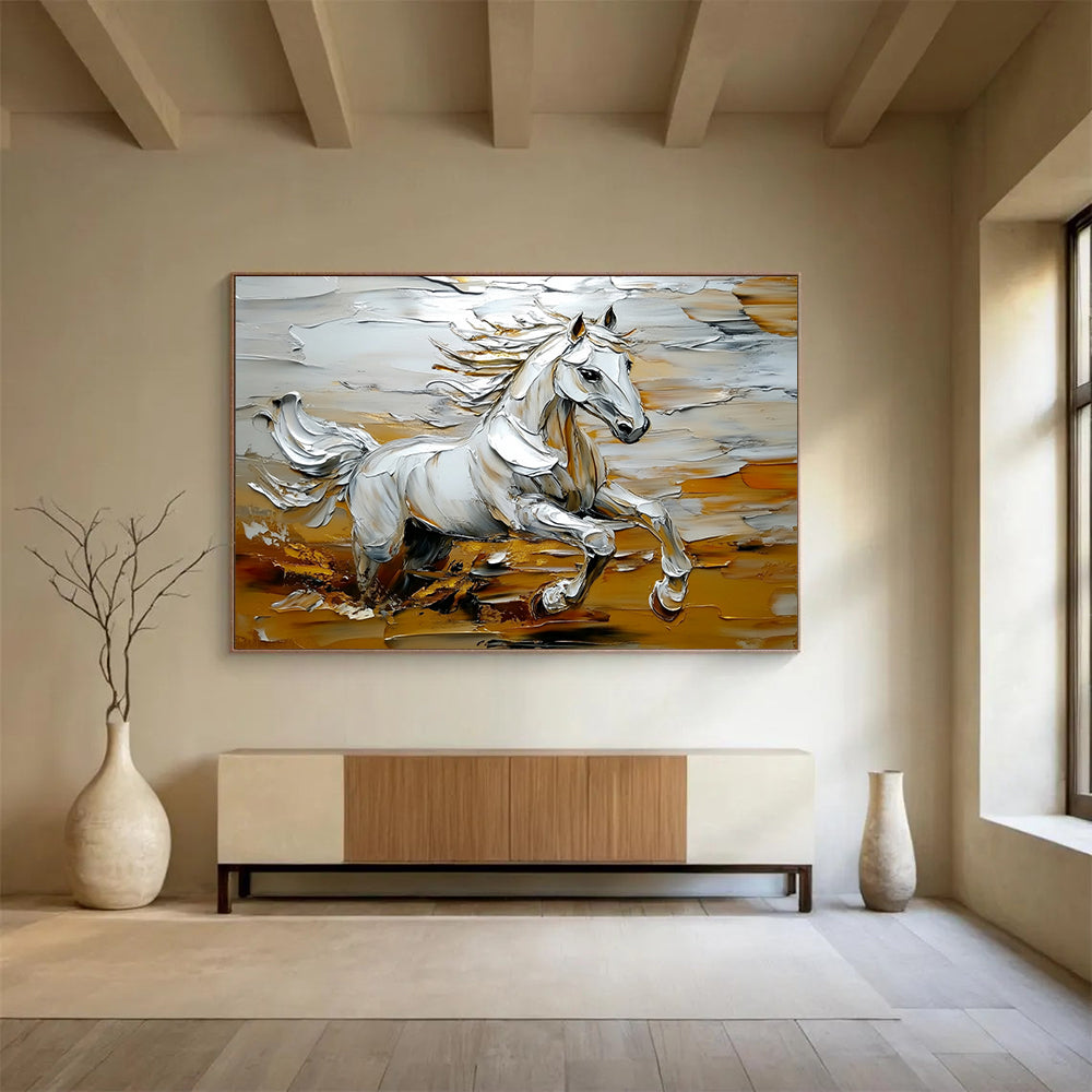 “Galloping White Horse” - Whites, Golds, Browns, Running Horse - Palette Knife Oil Painting HB1570