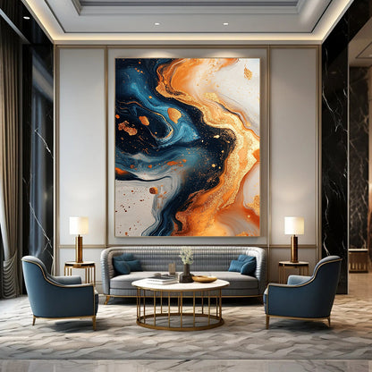 Contemporary hand-painted abstract artwork showcasing swirling gold and navy blue with marble textures and glitter. Perfect for modern decor. DLZ0848