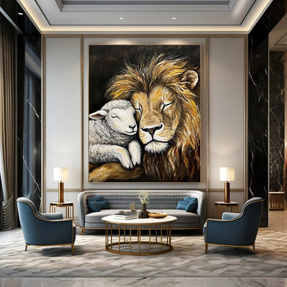 Contemporary abstract painting depicting a lion and lamb in peaceful slumber on a black canvas showcasing harmony and friendship. DLZ1300