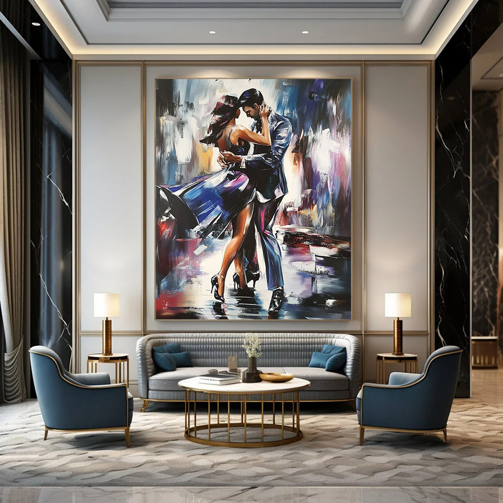 Contemporary hand-painted abstract artwork featuring two figures dancing the tango with dynamic brush strokes and intricate detailing in a striking composition. DLZ1659