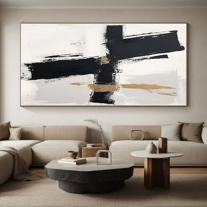 Black, White, Beige, Bold Brushstrokes "Minimalist Crossroads" Abstract Contemporary Painting On Canvas HB050