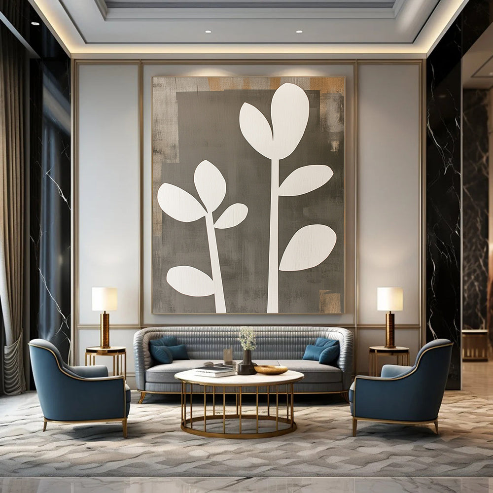 Contemporary abstract artwork featuring gray and white shapes with wooden cut-out flowers offers a striking visual statement for any space. DLZ0792