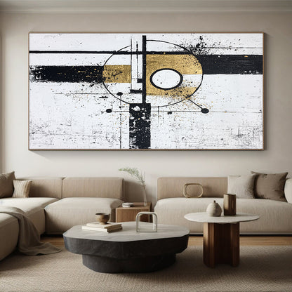 Black, White, Gold, Geometric Fusion "Gilded Geometry" Abstract Cubist - Inspired Painting On Canvas HB103