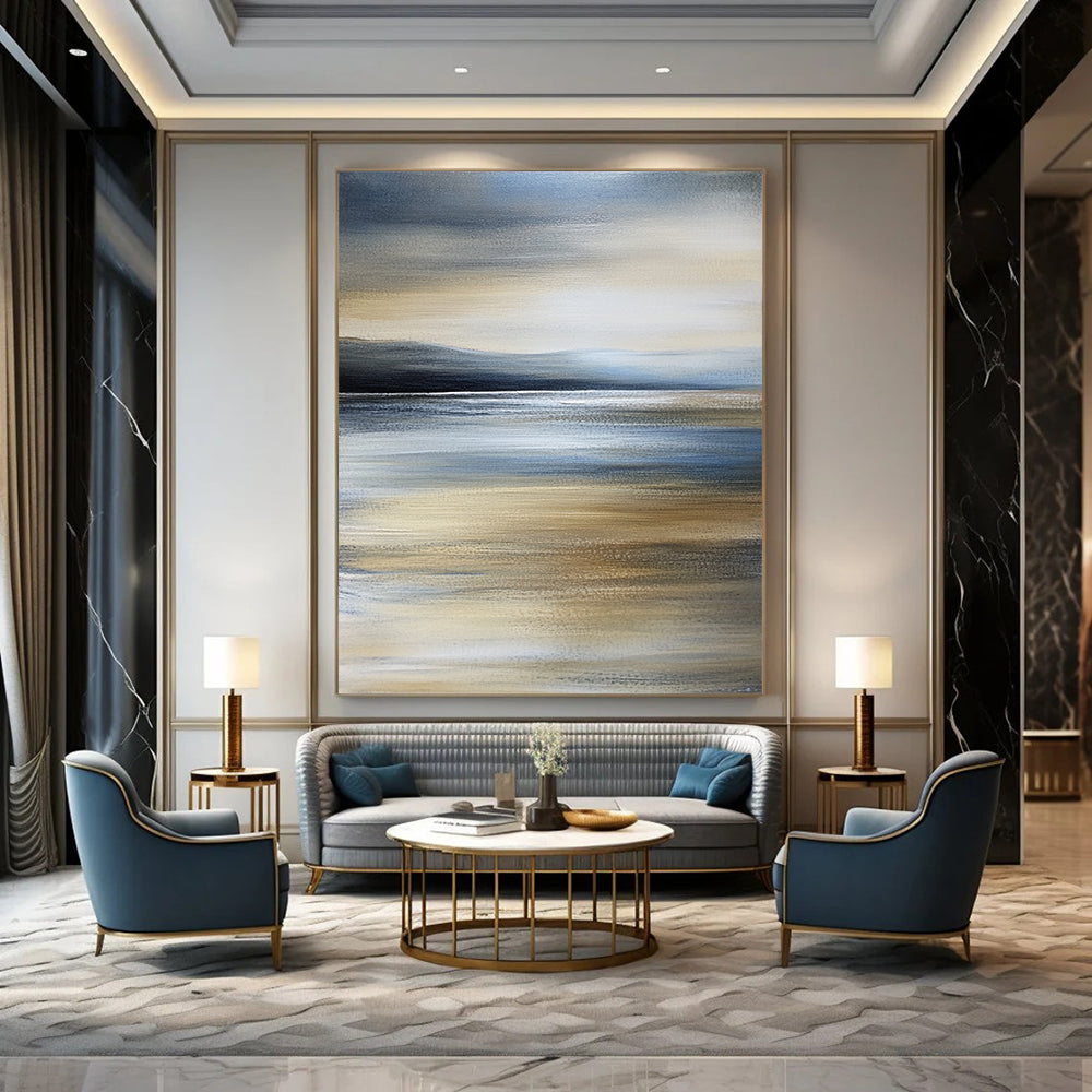 Contemporary hand-painted abstract art captures a tranquil beach scene with calm sea and an overcast sky in soothing shades of grey and blue. DLZ0999