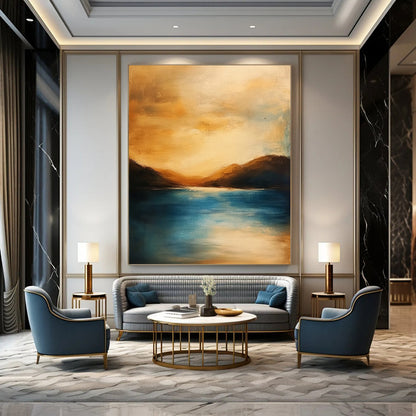 Contemporary abstract painting featuring a serene ocean sunset with soft colors blurred edges tranquil atmosphere and harmonious warm tones. DLZ1111