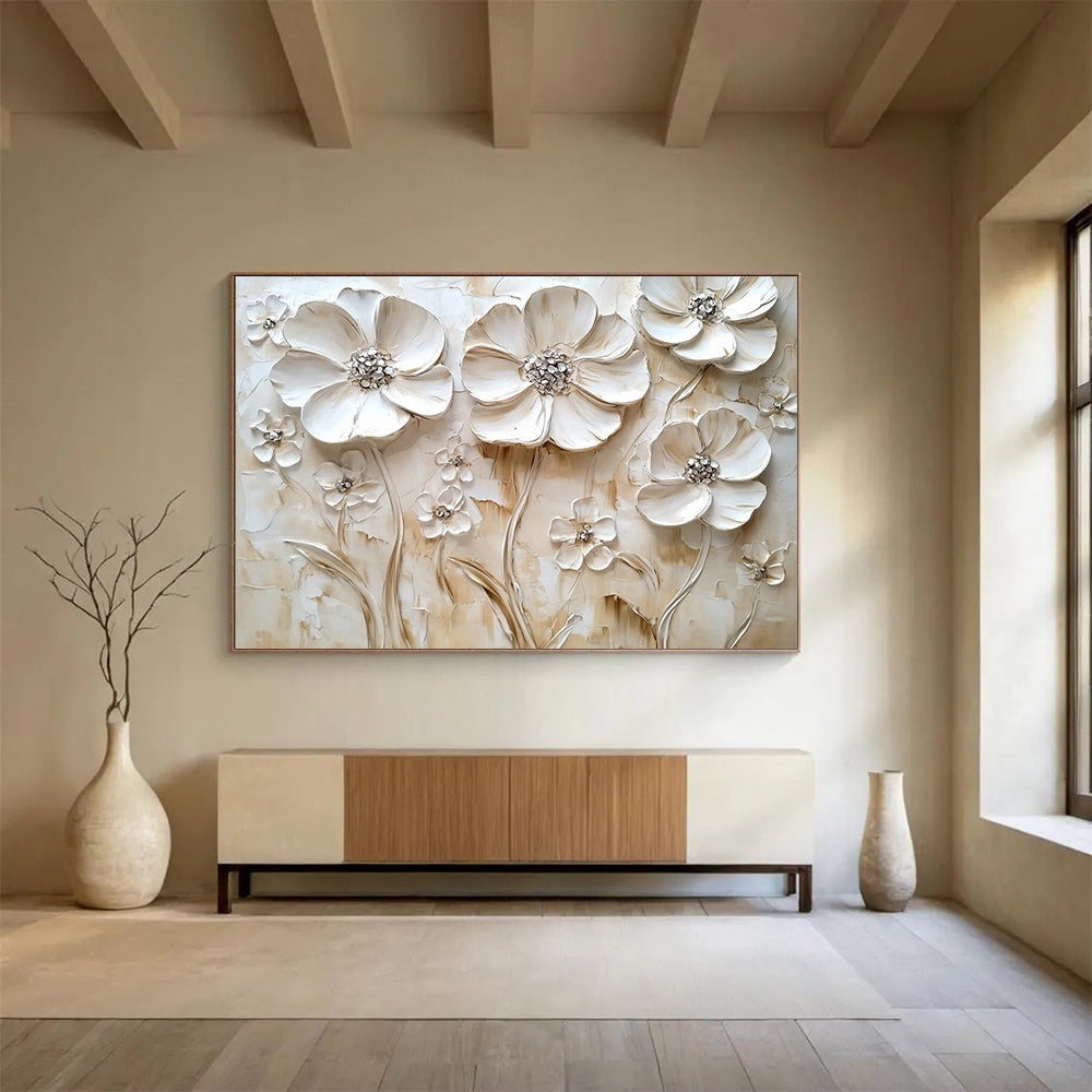 Cream - Colored Floral Relief - Subtle Textured Flower Painting On Canvas HB0430