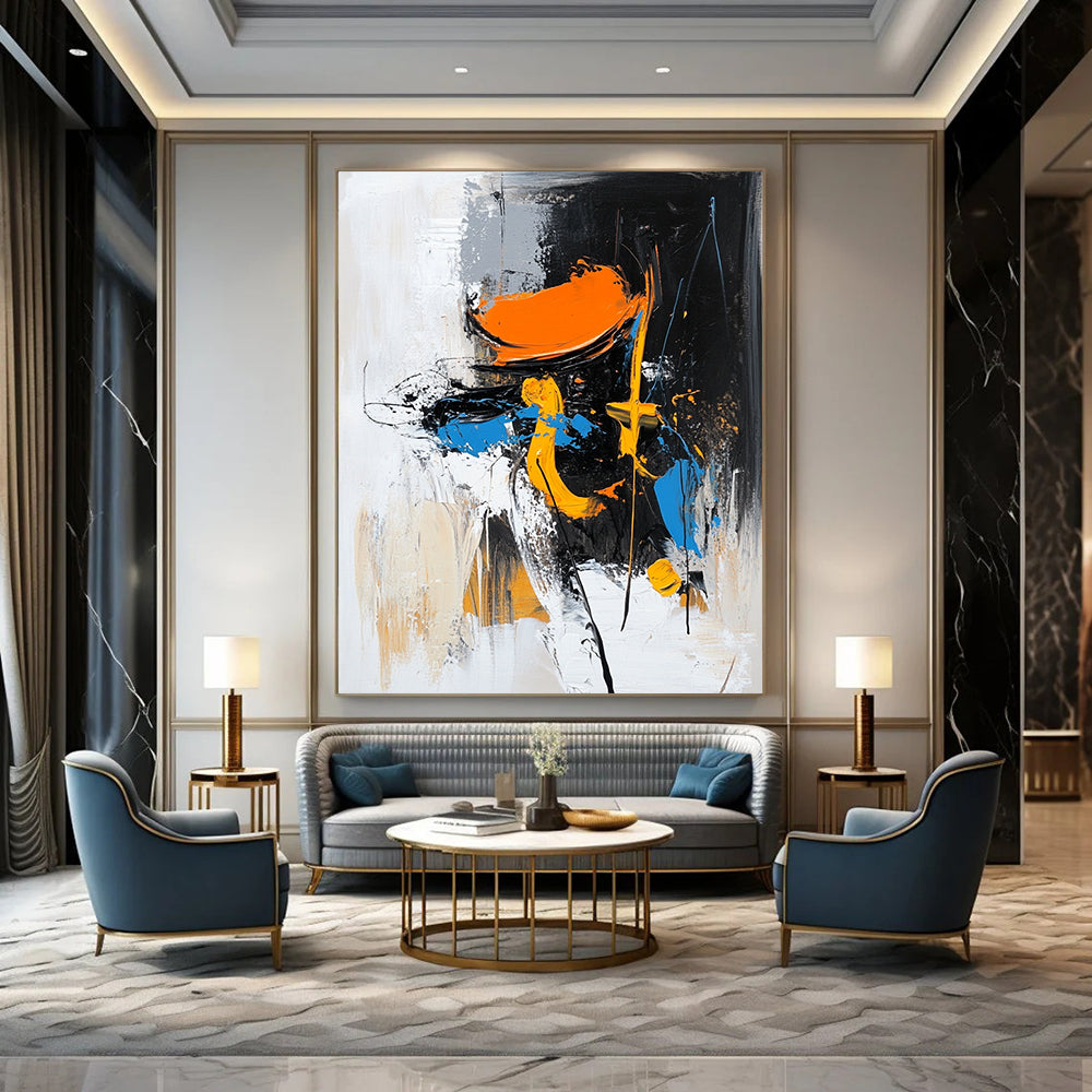 Contemporary abstract painting featuring a figure in motion with an orange hat and black boots set against dynamic brush strokes and vibrant colors. DLZ0868