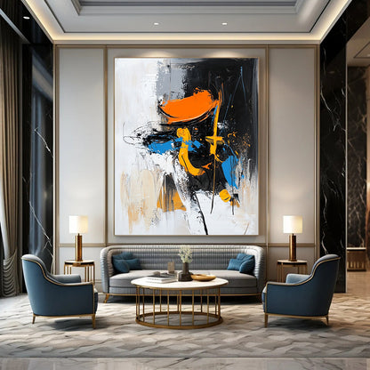 Contemporary abstract painting featuring a figure in motion with an orange hat and black boots set against dynamic brush strokes and vibrant colors. DLZ0868