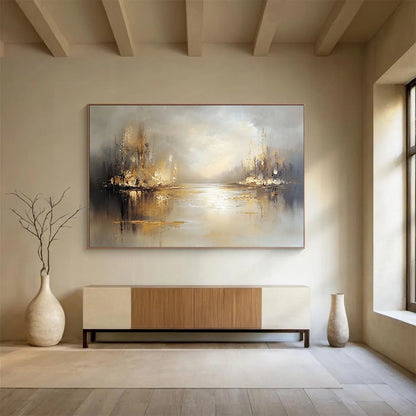 “Misty River with Golden Reflections” - Beige, Gold, Gray, Abstract Serene River Landscape Painting On Canvas HB1094