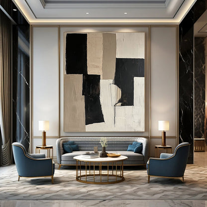 Contemporary abstract artwork featuring black and beige color blocks on a white background with organic shapes in mixed media and fragmented canvas. DLZ0688