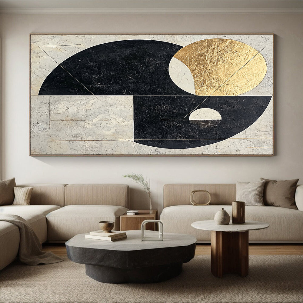 Black, White, Gray, Gold, Overlapping Circles "Gilded Orb Harmony" Abstract Modernist Painting On Canvas HB123