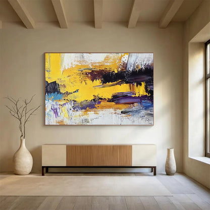 Yellow, Purple, Blue and White Abstract Splashes "Vibrant Energy" Painting On Canvas HB0406