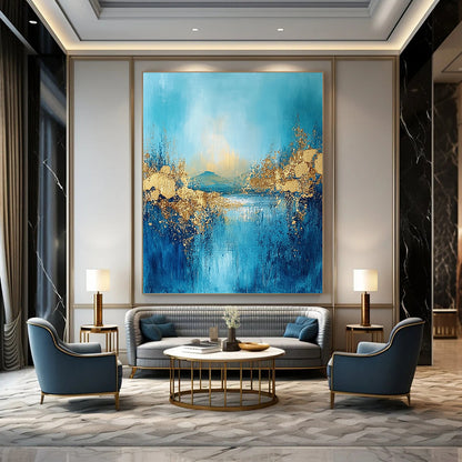 Contemporary large abstract painting features textured fringe with a landscape illuminated by golden light and adorned with gold foil accents. DLZ0345