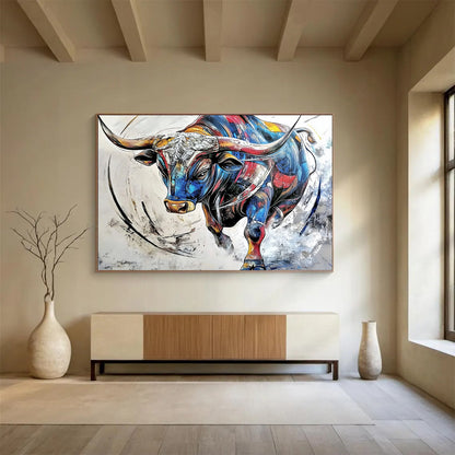 “Colorful Charging Bull” - Vibrant multicolor bull, Dynamic Painting On Canvas HB0577