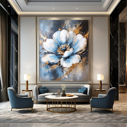 Contemporary abstract painting featuring a white and blue flower with elegant gold foil accents against a rich dark gold background. DLZ1677
