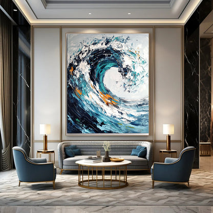 Contemporary abstract painting showcasing ocean wave with impasto brush strokes and palette knife in dark blue and teal swirls on white background. DLZ0580