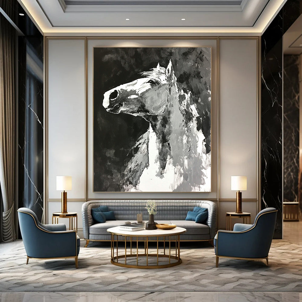 Contemporary abstract painting featuring a horse with monochromatic loose brushwork on a black background creating an expressive minimalistic atmosphere. DLZ0602