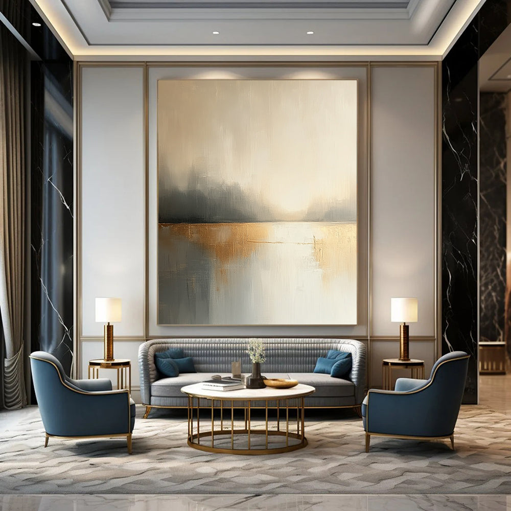 Contemporary hand-painted abstract artwork features neutral tones of beige and white with hints of gold soft edges and a dreamy blurred effect. DLZ0875