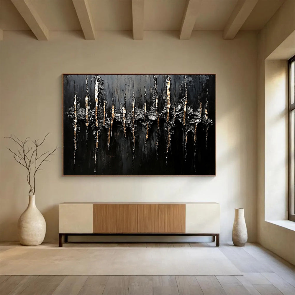 Textured Black & Gold Abstract - Impasto Minimalist Painting On Canvas HB0467