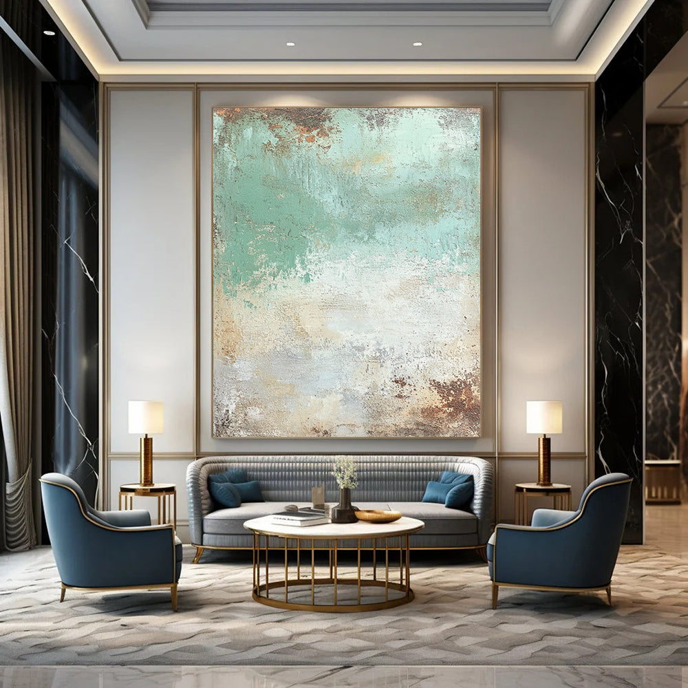 Contemporary abstract painting featuring seafoam green and cream textures with brown and rust accents, mixed media, artistically distressed details. DLZ0659