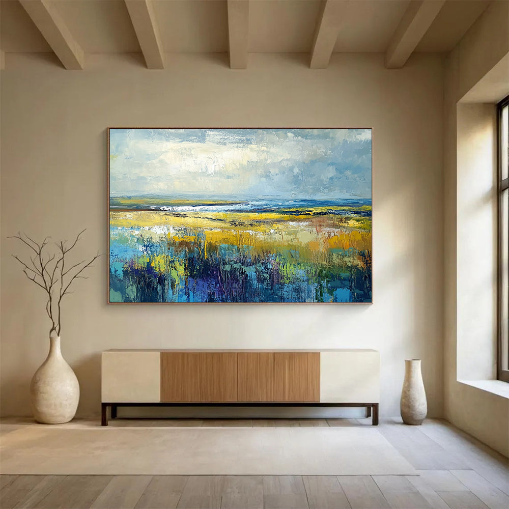 “Vibrant Prairie Dreams” - Yellow, Blue, Green, Purple, Expansive Field & Sky Scenes Painting On Canvas HB1023