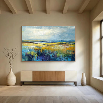 “Vibrant Prairie Dreams” - Yellow, Blue, Green, Purple, Expansive Field & Sky Scenes Painting On Canvas HB1023
