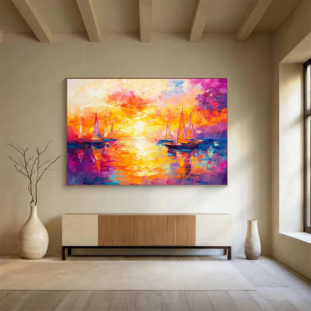 “Sailboats in Fiery Sunset” - Orange, Pink, Purple, Sailboats on Water, Impressionist - style Painting On Canvas HB1098