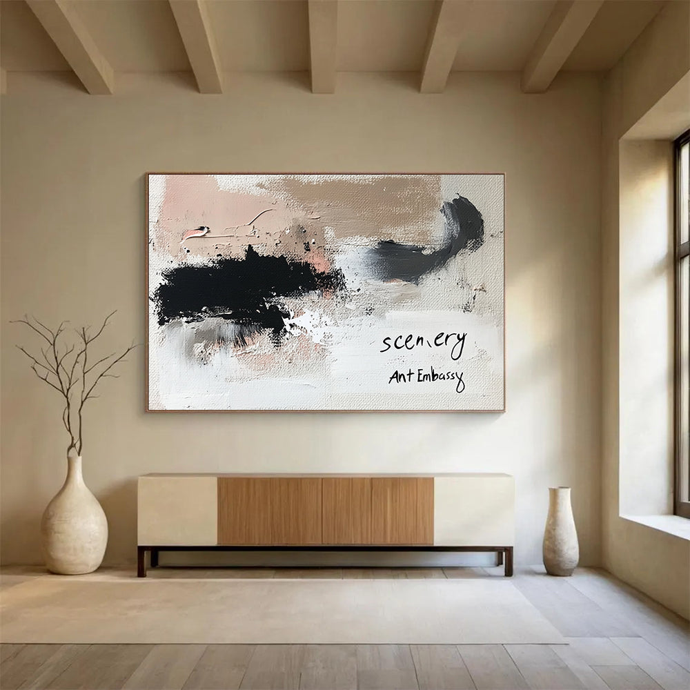 “Minimalist Textured Abstract” - Black, Beige, White with Subtle Textures - Painting On Canvas HB1381