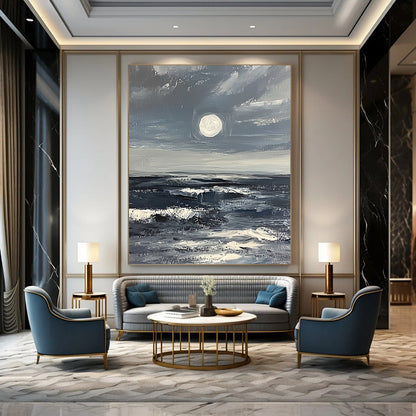 Large contemporary abstract artwork featuring a minimalist moonrise over a stormy ocean in gray and white with thick impasto brush strokes. DLZ1110