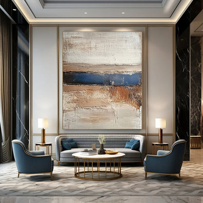 Contemporary abstract painting featuring earthy tones of beige brown grey and blue conveying calmness with a textured landscape of hills and water. DLZ1479