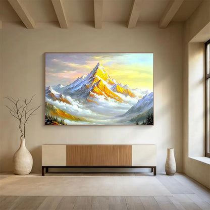 “Sunlit Golden Mountain” - Gold, White, Blue, Colorful Mountain Scene - Oil Painting HB1649