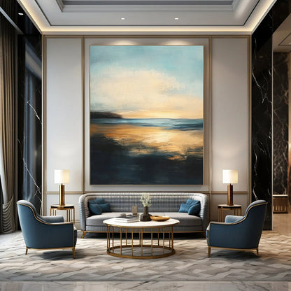 Contemporary abstract painting features a serene sea with golden sunset reflections and a tranquil sky, evoking peacefulness and contemplation in soft brushstrokes. DLZ0412
