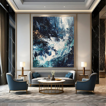 Contemporary abstract painting featuring crashing waves in white and blue hues with dark tones expressive brush strokes and palette knife textures. DLZ0617