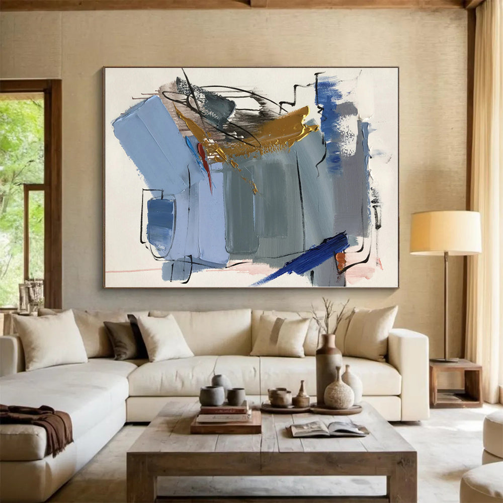 Custom Oversized Hand-Painted Abstract Canvas for Attic Living Space Feature Wall