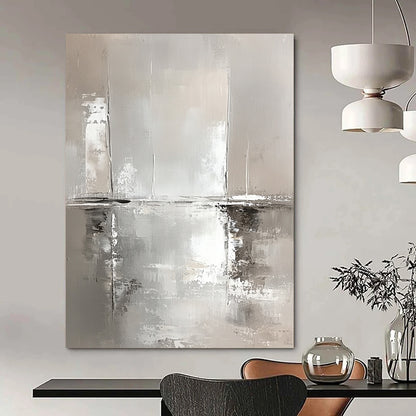 Contemporary abstract art features white and gray tones with water reflections and sailboats, showcasing loose brushstrokes and a modern minimalist aesthetic. DLZ0667