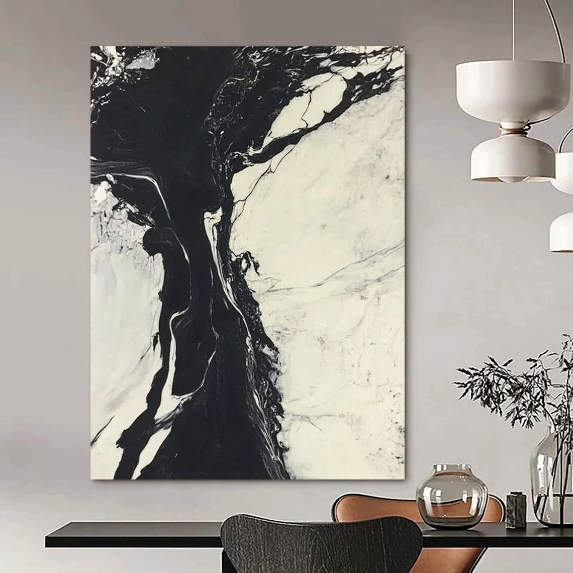 Contemporary abstract art features striking black and white marble ink merging with a cool river amidst snow-covered landscapes creating dynamic contrasts. DLZ1545
