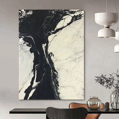 Contemporary abstract art features striking black and white marble ink merging with a cool river amidst snow-covered landscapes creating dynamic contrasts. DLZ1545