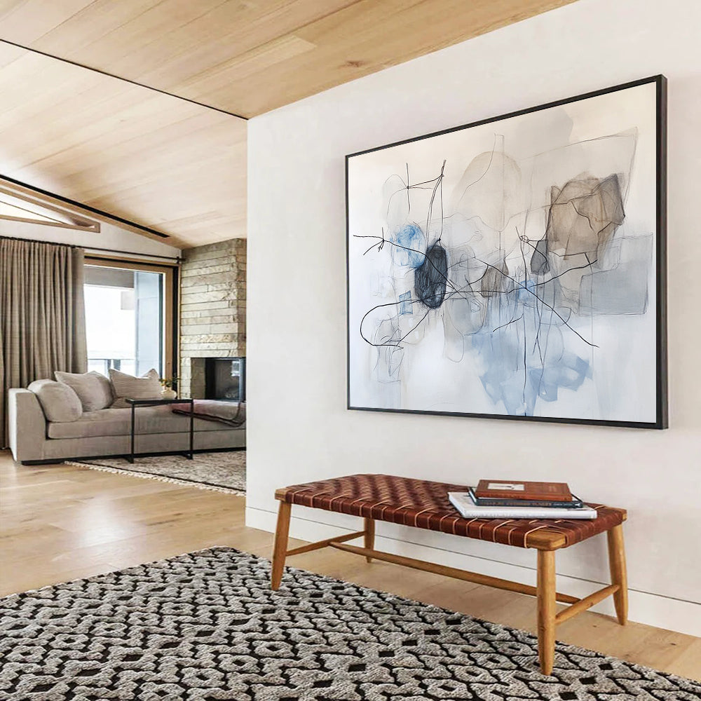 “Linear Abstract in Blue Gray” - Blue, Gray, Black with Dynamic Lines - Painting On Canvas HB1366